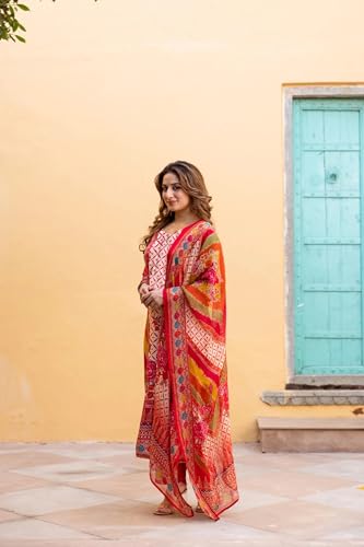 Image of GoSriKi Women's Rayon Viscose Straight Printed Kurta with Pant & Dupatta