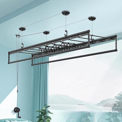 Ceiling Drying Rack Lifting Clothes Hanger Balcony Household Hand Crank Manual Clothes Drying Rod Quilt Indoor Clothes Hanger for Balcony, Bathroom to Pursue Happiness,One Color-1.5m