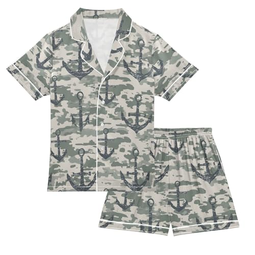 ALAZA Camouflage Anchor Retro Satin Pajamas Set Short Sleeve Button Down Sleepwear Summer Pjs 2 Piece
