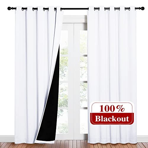 Image of NICETOWN 100% Blackout Window Curtain Panels, Cold and Full Light Blocking Drapes with Black Liner for Nursery, 84 inches Drop Thermal Insulated Draperies (White, 2 Pieces, 62 inches Wide Each Panel)