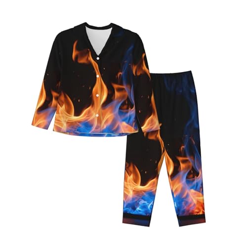 Pyjama manches longues femme imprimé flamme bleue vêtement de nuit confortable ensemble deux pièces