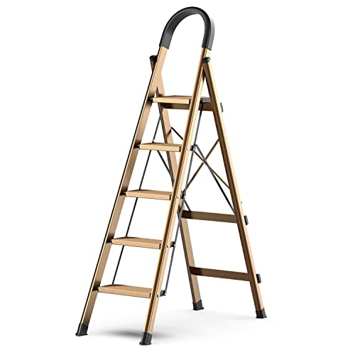 Image of SOLADDER 5 Step Ladder, Folding Step Stool for 10 Foot High Ceiling with Handgrip and Anti-Slip Wide Pedal, Portable Lightweight Aluminum Stepladder for Home, Office (300 lbs Capacity) - Brown Gold