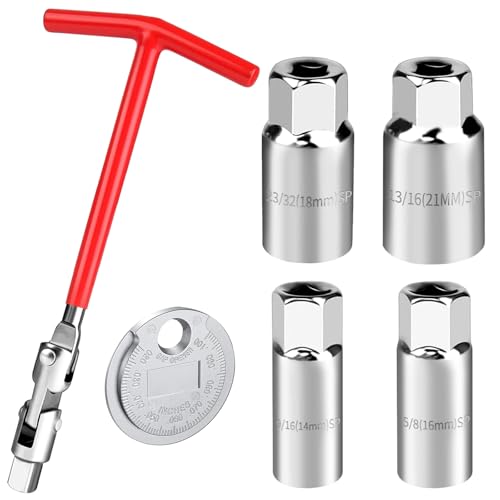 6 Stück Zündkerzen Schlüssel Satz, Universal T-Griff Zündkerzensteckschlüssel, Zündkerzen Messgerät, Zündkerzenschlüssel Set für die meisten Autos, Motorräder, Rasenmäher, 14mm, 16mm, 18mm, 21mm—Rot