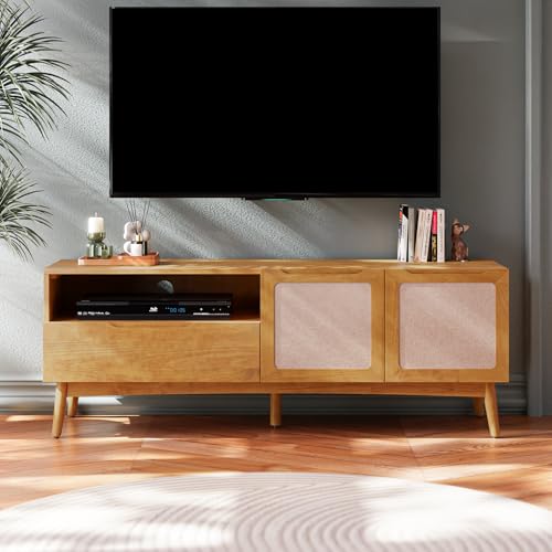 Image of Calista TV Stand 1 Drawer 2 Door - Teak Brown Finish Media Console with Open Shelf & Fabric Panel Doors, Mid-Century Modern Style with Tapered Legs, Easy Assembly
