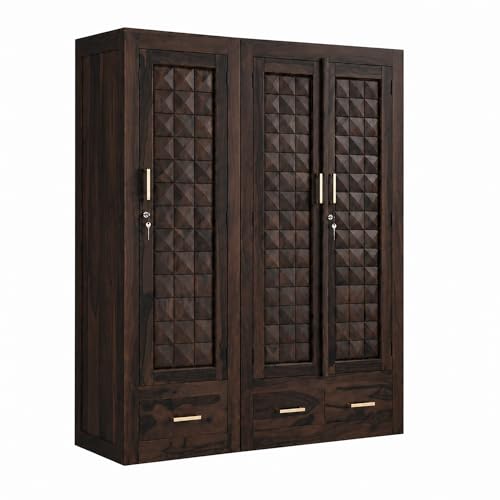 Image of SONA ART & CRAFTS Diamond Solid Sheesham Wood Bedroom Set | King Size Bed Without Storage, Wardrobe, Cabinet with Mirror & Two Bedside Tables - Walnut Finish (Assembly Included)