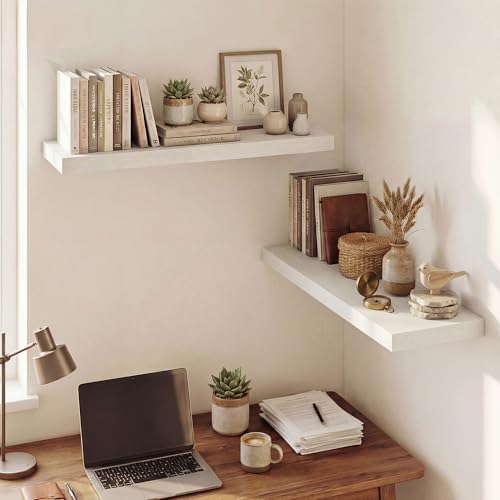 Image of Dreamland 32 Inches Floating Shelves for Wall, 9.3 inch Deep Long Floating Shelves Set of 2, Large Display & Storage Shelf, Wall Shelf for Bathroom Bedroom Living Room Kitchen Office, White