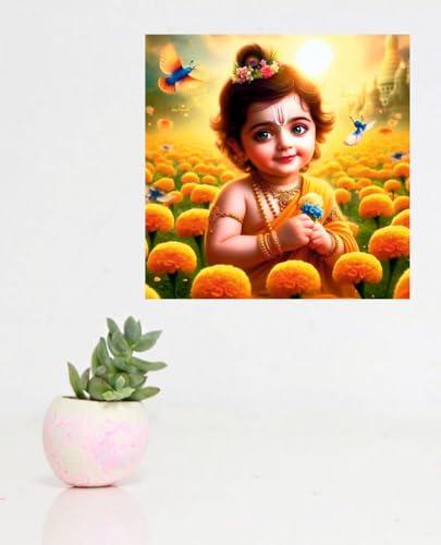 Image of Techgifti Baby Krishna Yellow Flower Wall Poster for Pooja Room, Office, Kids Room (Size- 46CM X 46CM)