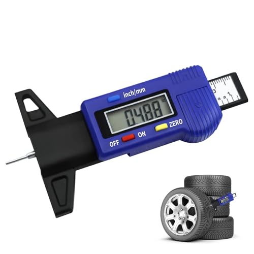 Tyre Tread Depth Gauge UK 0-25.4mm/1inch Digital Tread Depth Checker Tyre Depth Measure with Large LCD Screen Portable Saving Mode Tire Thread Measuring Tool for Trucks Cars Motorcycles Bike Blue