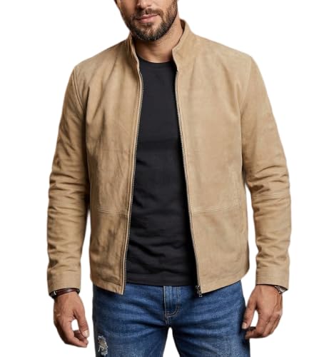 LP-FACON Mens Beige Leather Jacket - Soft Sheepskin Suede Leather