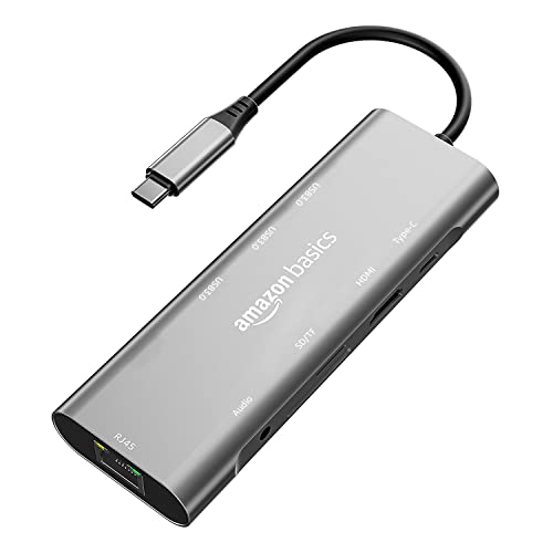 Image of Amazon Basics USB-C Hub Dock 9-in-1 Aluminium Type-C Adapter with 4K HDMI, Ethernet 1000mbps Port, 3 USB 3.0, USB-C Power Delivery, 3.5mm Audio only, TF /SD Card Reader, Mac & Windows USB-C Devices