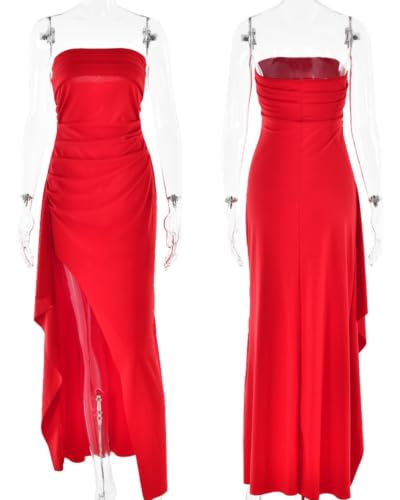 Image of Women's Sexy Strapless Backless High Split Long Maxi Dress Ruched Off Shoulder Sleeveless Bodycon Party Cocktail Dresses