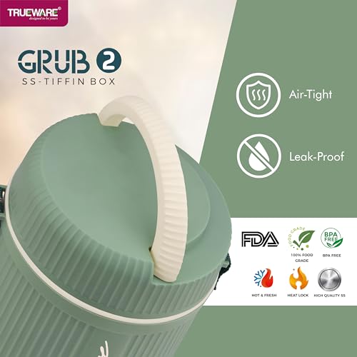 Image of Trueware Plastic Grub 2 Double Wall Insulated Hot Lunch Box with 2 Ss Container 300 Ml Each & 1 Ss Container 200Ml | Bpa Free | Food Grade | Hot and (LBI-GRB-002-Green BAZ)