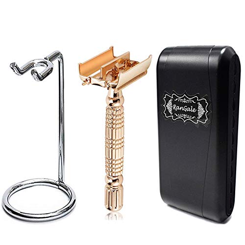Rose Gold Butterfly Razor for Men, DREZUR Double Edge Safety Razor and Stand, Travel Case + 5 Premium Razor Blades, Great Gift Idea (Razor with stand)