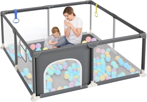 Dripex Parque infantil para bebé, 124 x 124 cm, correr, bebé e criança, parque de jogos em tecido Oxford 210D, trela para bebé com malha respirável, com 2 anéis parque, cinzento escuro