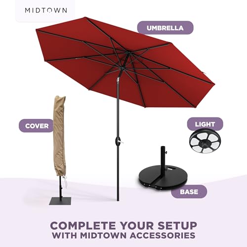 Image of Midtown Umbrellas - The Lean 9 Ft Patio Umbrella with 10-Year-No-Fade Acrylast Acrylic Fabric, Auto-Tilt and 8 Reinforced Ribs for Deck, Pool, Garden, Hotel & Cafes - Regatta Red Canopy, Black Pole