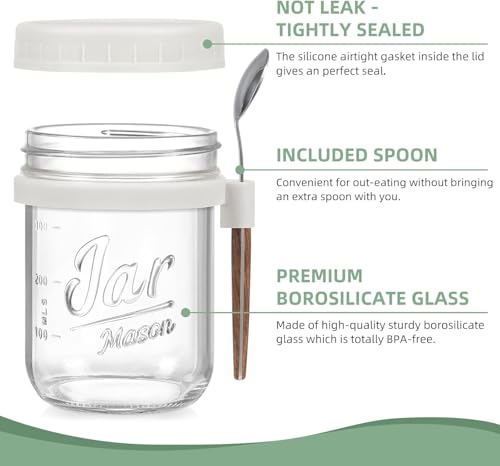 Image of Overnight Oats Containers with Lids and Spoons, 16 oz Glass Mason Overnight Oats Jars, Large Capacity Airtight Jars for Milk, Cereal, Fruit PACK OF (1) multi colour