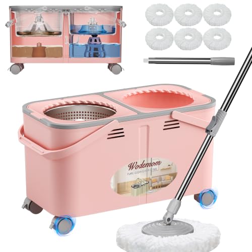2026 Upgraded Gen 2 Spin Mop and Bucket Set with 4 Swivel Wheels for Easy Rolling Separates Clean & Dirty Water Floor Mop with 6 Washable Mop Heads for Wood Tile Vinyl Baseboards - Pink