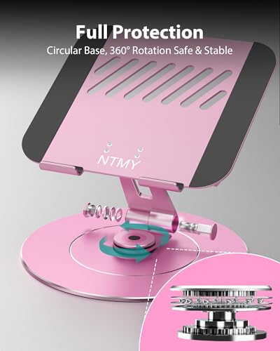 Image of NTMY 360 Rotating Laptop Stand with Phone Holder,Laptop Stand for Desk Adjustable Height Foldable,【Largest Base】 Aluminum Laptop Riser Fits MacBook, Dell, HP, Acer,Lenovo,(10-17.3'')-Pink