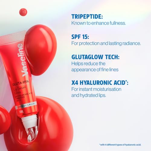 Image of Vaseline Gluta-Hya Cherry Crush Lip Gloss, Serum Lip Care with Hyaluronic Acid and GlutaGlow Technology, Tints, Plumps and Protects with SPF15 for Plumper Lips | 10 ml