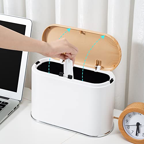 Syncvibe Mini Trash Can With Lid Small Countertop Trash Can With Wood Grain Lid, 0.5 Gallon Tiny Desktop Wastebasket With Lid, 2 Liter Pop Up Plastic Trash Bin For Bathroom, Bedside, Study, Office #TOP2