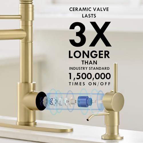 Image of AIMADI Gold Kitchen Faucet with Soap Dispenser,Commercial Single Handle | pull down Kitchen Faucets with Sprayer,Brushed Gold,for 1-hole or 3-hole sinks,Farmhouse RV Laundry