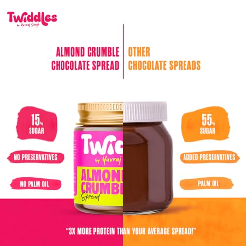 Image of Twiddles by Yuvraj Singh Almond Crumble Chocolate Spread,250G(Crunchy) - Made With 50% California Almonds & Seeds |16G Protein|70% Less Sugar|No Palm Oil|No Preservatives|Tastiest bread Spread