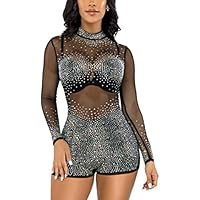 inhzoy Mono de Una Pieza con Manga Larga para Mujer Leotardo con Pantalones Cortos de Malla Transparente Sexy con Diamantes de Imitación Clubwear Negro L