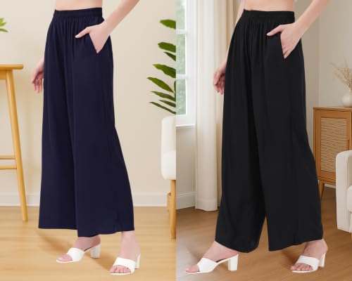 Image of Buy That Trendz Palazzo Pants for Women Rayon Elasticated Regular Fit Flared Wide Leg M to 6XL Pack of 2