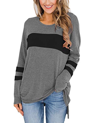 Hilltichu Womens Color Block Long Sleeve Shirt Pullover Round Neck Side Split High Low Tunic Tops (Medium, Gray & Black)