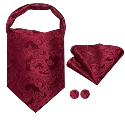 Image of Hi-Tie Silk Ascot for Men Self Tie Men's Cravat and Flower Lapel Pin Handkerchief Cufflinks Set for Wedding Party
