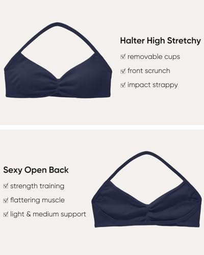 Image of OMKAGI Halter Sports Bras for Women Padded Strappy Bra Open Back Workout Gym Crop