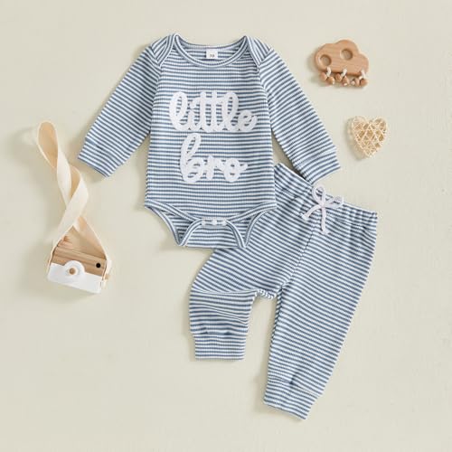 Newborn Infant Baby Boy Clothes Little Bro Embroidery Waffle Cotton Long Sleeve Romper Pants Fall Winter Outfits2