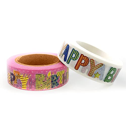 Happy Birthday Washi Tape, 2 Rolls of Sticker Tape Rolls, Washi Tape Set, Versatile Crafting Supplies, Birthday Greeting Washi Tape Themes, 10 Meters (394 Inches) Long - Serenity Fair