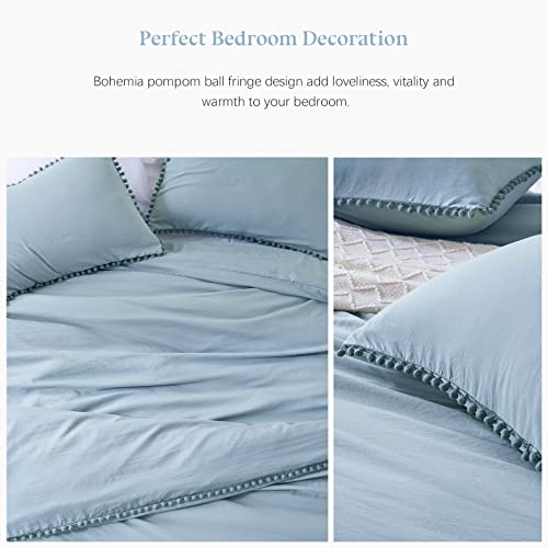 Newspin Duvet Cover Twin Size Pom Pom Fringe Blue,3Pcs Soft Breathable 100% Washed Microfiber Boho Bedding Duvet Cover Set With Zipper Closure,1 Duvet Cover(68"X90") And 1 Pillow Sham(No Comforter) #TOP3