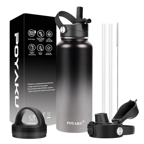 POYAKU Water Bottle Insulated 40oz Straw Lid Spout Lid & 3 Lids, Leak Proof, Vacuum Insulated,Stainless Steel Water Bottle Wide Mouth for Sports, Gym or Office