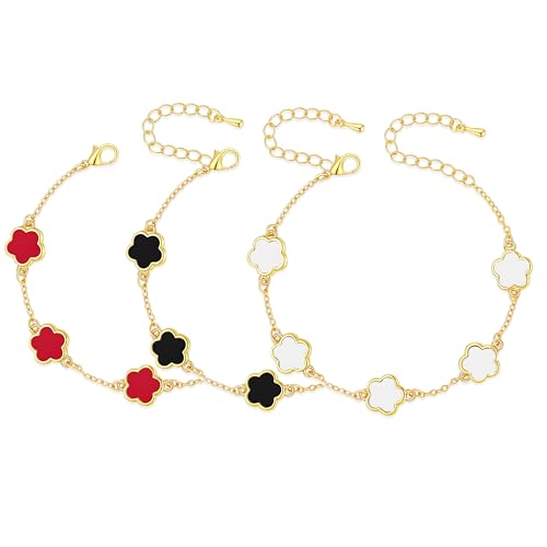 Clover Bracelets for Women Set of 3 18K Gold Plated Adjustable Four Leaf Lucky Charms Bracelets in White Black Red Trendy Jewelry Gift for Women