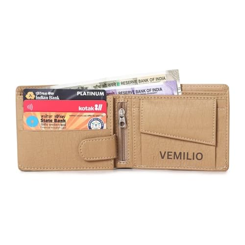 Image of VEMILIO Vegan Leather Wallet for Men with ID Window, Coin Pocket, Zipper Pocket & Multiple Card Slots | Bi-Fold Gents Purse with Currency Compartments | Slim Stylish Men's Wallet (Beige)