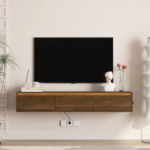 Floating TV Stand Wall Mounted TV Shelf with LED Lights & Power Outlet, Modern Wooden Entertainment Cabinet with Storage Shelves, USB Charging Ports, High Gloss Finish Media Console for Living Room