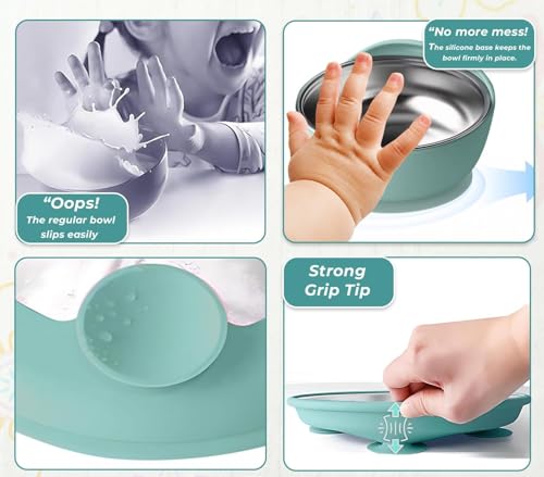 Image of NYALA Stainless Steel Toddler Plates Silicone Suction, Non-Slip Baby Plates BPA Free,Unbreakable Dishwasher Safe (Pista Green, Plate + Bowl)