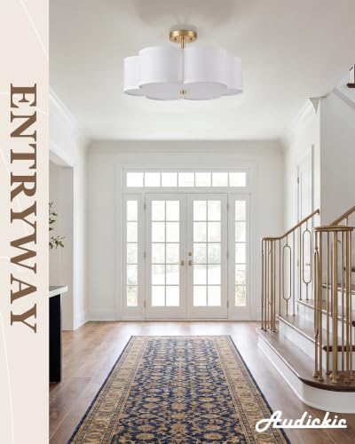 Image of 18 inch Gold Semi Flush Mount Ceiling Light with White Fabric Shade