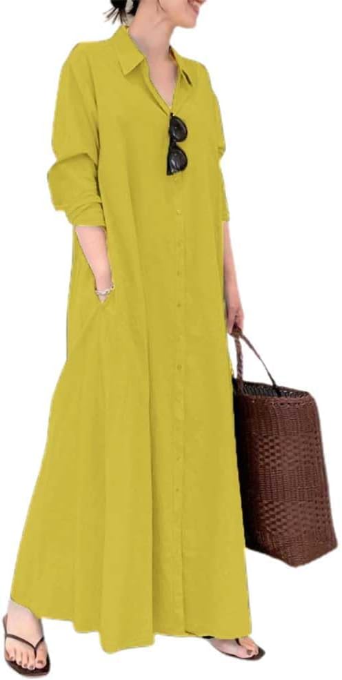 Long sleeve button up maxi shirt dress with pockets