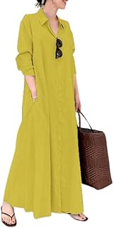 Women's Basic Loose Fit Long Sleeve Button Up Maxi Shirt Dress with Pockets