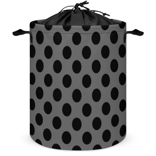 Cesta grande para ropa sucia, plegable, con lunares negros y carbón, con cordón, ideal para guardar ropa sucia en dormitorios universitarios.