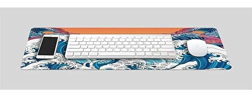 Image of Printed Gaming Mousepad - Premium Stitched Edges, Smooth Surface,Size 11x23 inches, Non-Slip Rubber Base - Ideal for Office & Gaming Setup (Vintage Japanese Ocean Wave Sunrise)