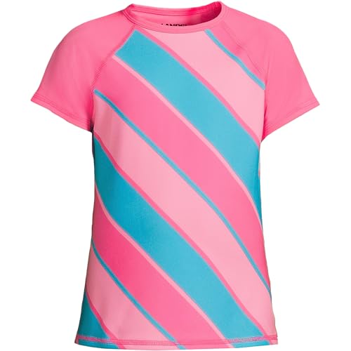 Lands' End Girls Chlorine Resistant Short Sleeve Crewneck Rash Guard Knockout Pink/Turquoise Stripe Kids X-Small