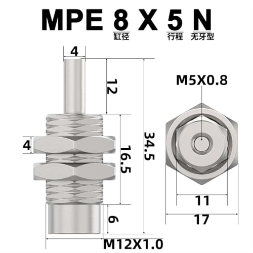 Cilindro de aire de microaguja MPE8X5-N de acción simple y pasador 3