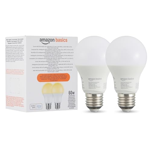 Amazon Basics Lampadina LED intelligente, dimmerabile, attacco E27, bianco caldo, 8W (60W Equivalent), compatibile solo con Alexa, 2 confezione