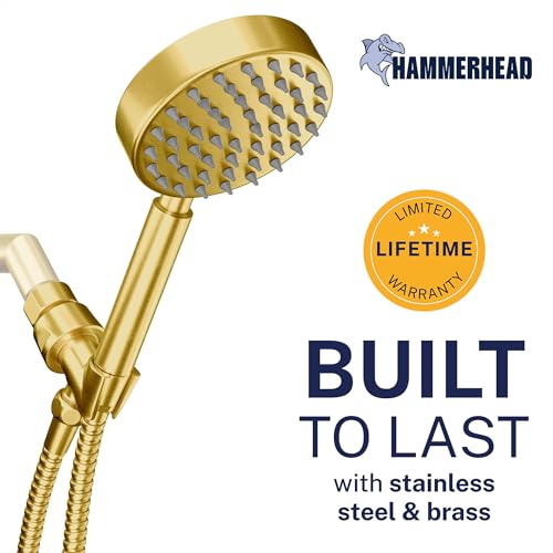 Image of HammerHead Showers Solid Metal Handheld Shower Head with Hose and Brass Holder - CHROME - 2.5 GPM High Pressure Shower Heads with Adjustable Shower Wand Bracket (Brushed Gold, 2.5 GPM)