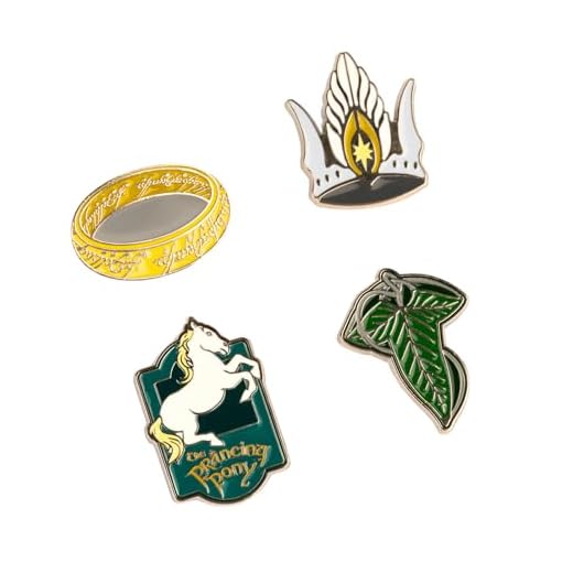 Set Pins El Señor de los Anillos - 4 Broches El Señor de los anillos: Anillo, Corona Gondor, escudo Pony Pisador y Hoja de Lorien | El Señor de los Anillos regalos, Señor de los Anillos Merchandising