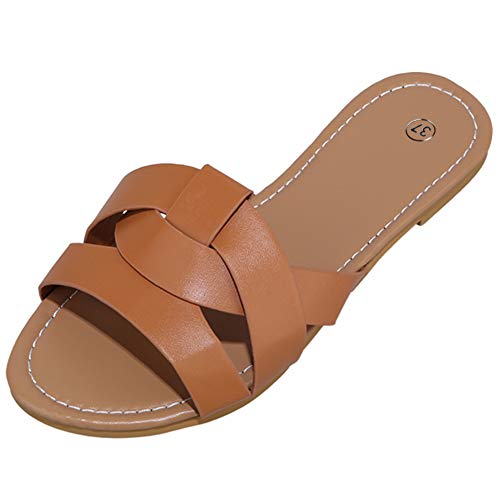Husmeu Women's Casual Slides Sandals for Women Summer Flats Slip On Mules Beach Sliders for Summer Dressy Beach Brown 8.5-9